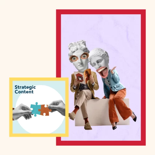 Strategic-Content Shock news. Stylish surprised couple headed with ancient statue heads reading magazine on light background. Contemporary art collage. Inspiration, idea, trendy magazine style. Surrealism.